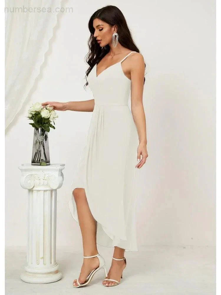 Numbersea Spaghetti Chiffon V Neck Bridesmaid Dress Mid-Length Slit Formal Prom Dress Homecoming Dress 2803 - Image 86