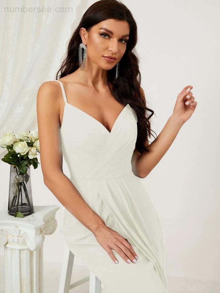 Numbersea Spaghetti Chiffon V Neck Bridesmaid Dress Mid-Length Slit Formal Prom Dress Homecoming Dress 2803 - Image 88