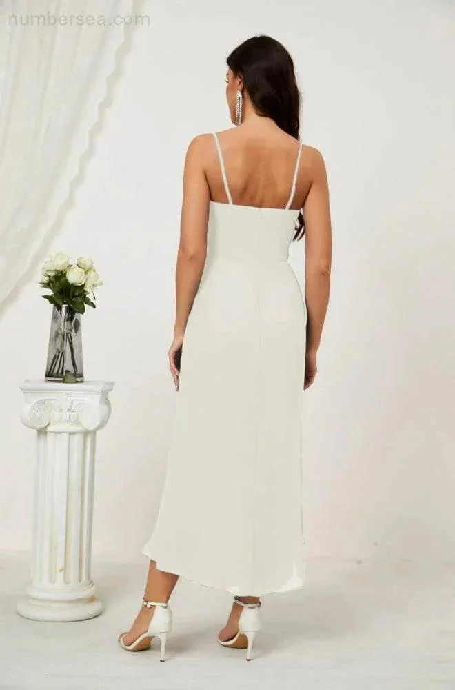 Numbersea Spaghetti Chiffon V Neck Bridesmaid Dress Mid-Length Slit Formal Prom Dress Homecoming Dress 2803 - Image 89