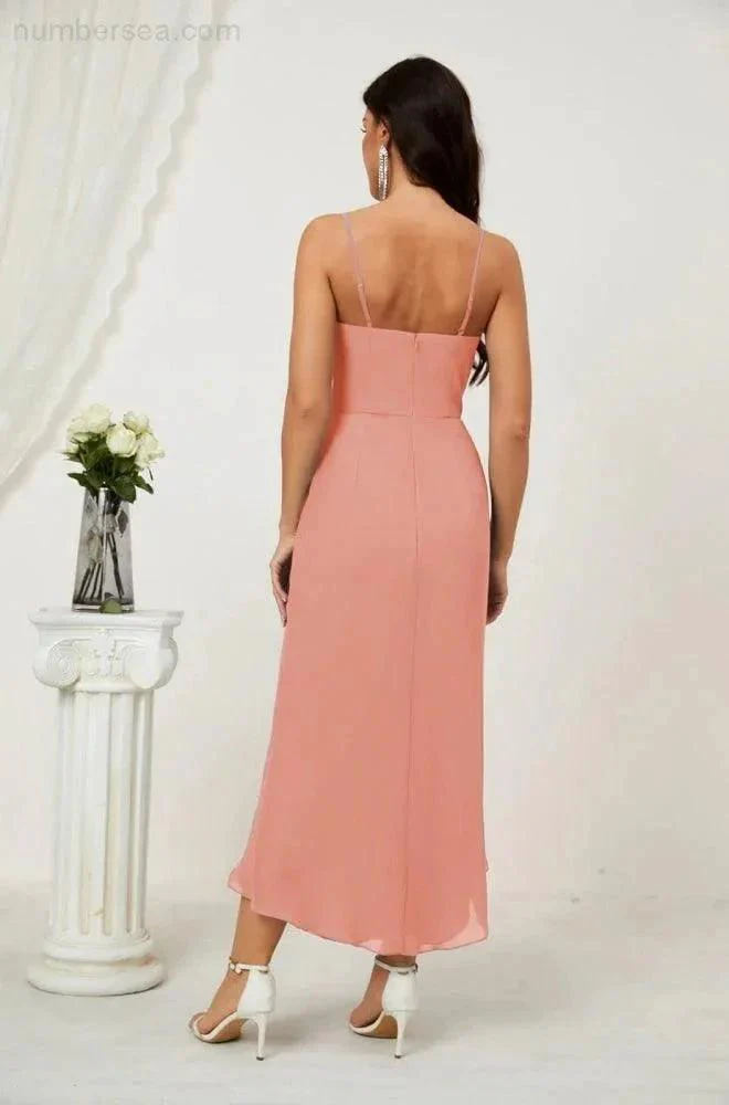 Numbersea Spaghetti Chiffon V Neck Bridesmaid Dress Mid-Length Slit Formal Prom Dress Homecoming Dress 2803 - Image 9