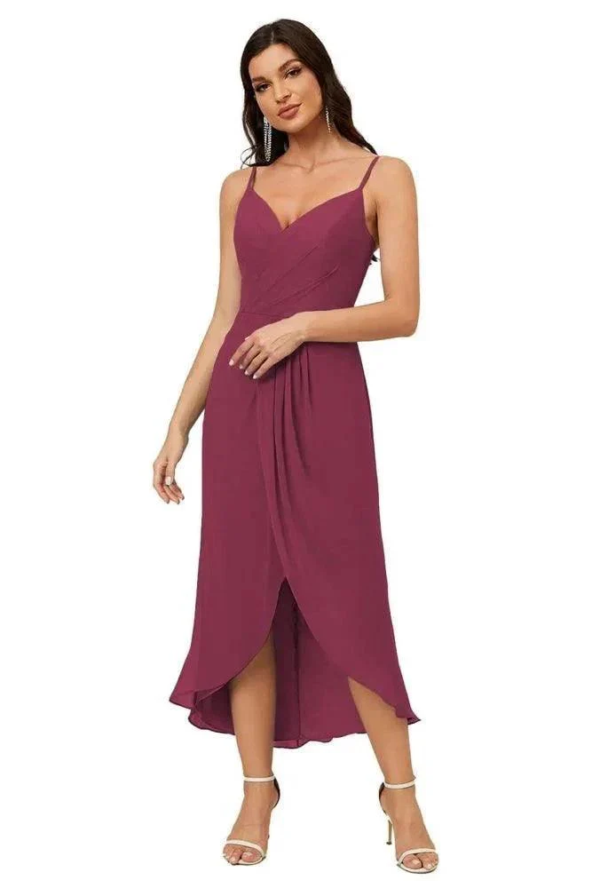 Numbersea Spaghetti Chiffon V Neck Bridesmaid Dress Mid-Length Slit Formal Prom Dress Homecoming Dress 2803 - Image 90
