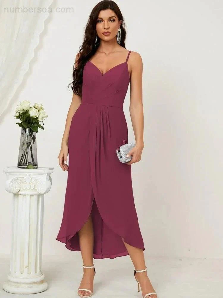 Numbersea Spaghetti Chiffon V Neck Bridesmaid Dress Mid-Length Slit Formal Prom Dress Homecoming Dress 2803 - Image 91