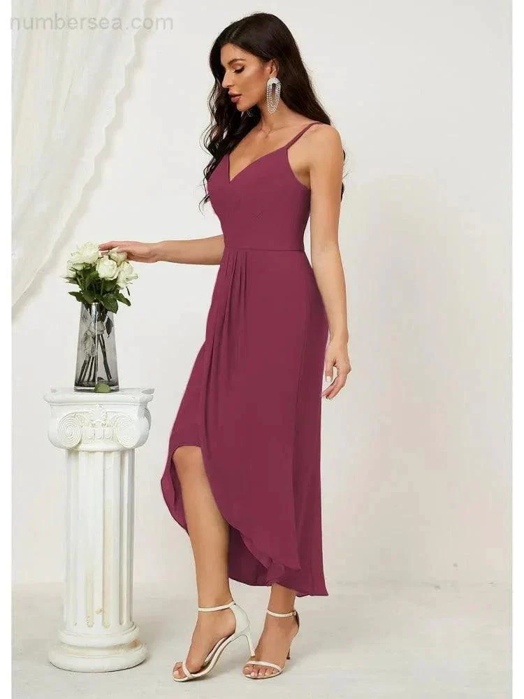 Numbersea Spaghetti Chiffon V Neck Bridesmaid Dress Mid-Length Slit Formal Prom Dress Homecoming Dress 2803 - Image 92