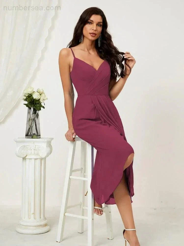 Numbersea Spaghetti Chiffon V Neck Bridesmaid Dress Mid-Length Slit Formal Prom Dress Homecoming Dress 2803 - Image 93