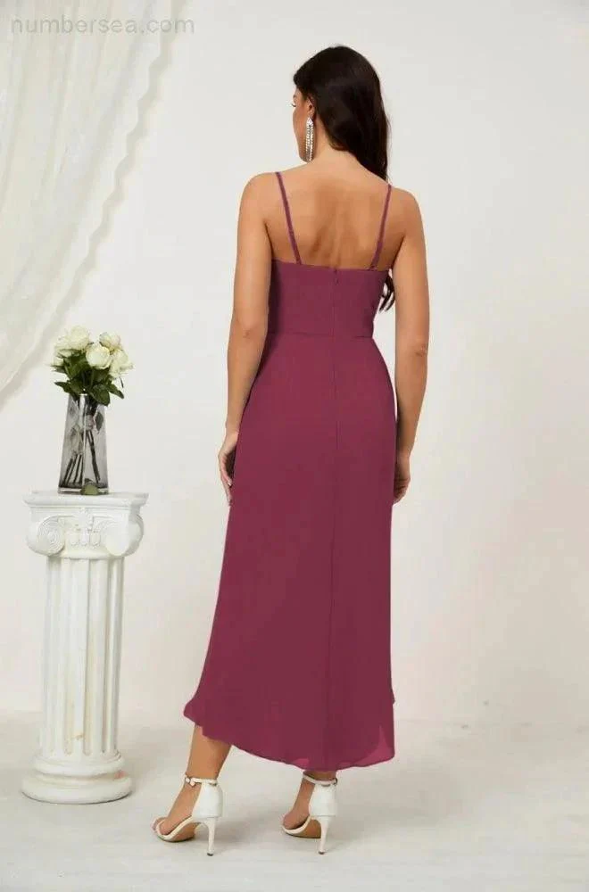 Numbersea Spaghetti Chiffon V Neck Bridesmaid Dress Mid-Length Slit Formal Prom Dress Homecoming Dress 2803 - Image 95