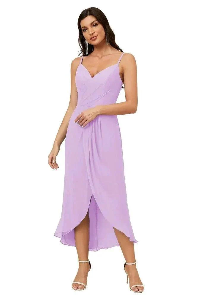 Numbersea Spaghetti Chiffon V Neck Bridesmaid Dress Mid-Length Slit Formal Prom Dress Homecoming Dress 2803 - Image 96