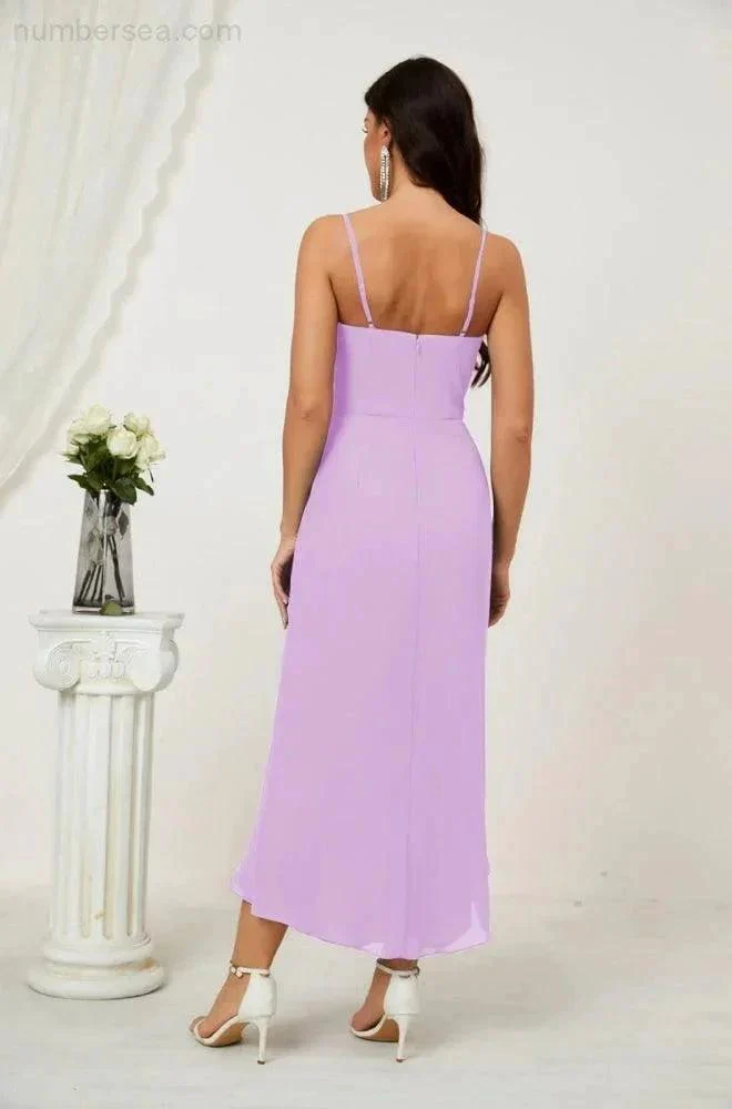 Numbersea Spaghetti Chiffon V Neck Bridesmaid Dress Mid-Length Slit Formal Prom Dress Homecoming Dress 2803 - Image 97