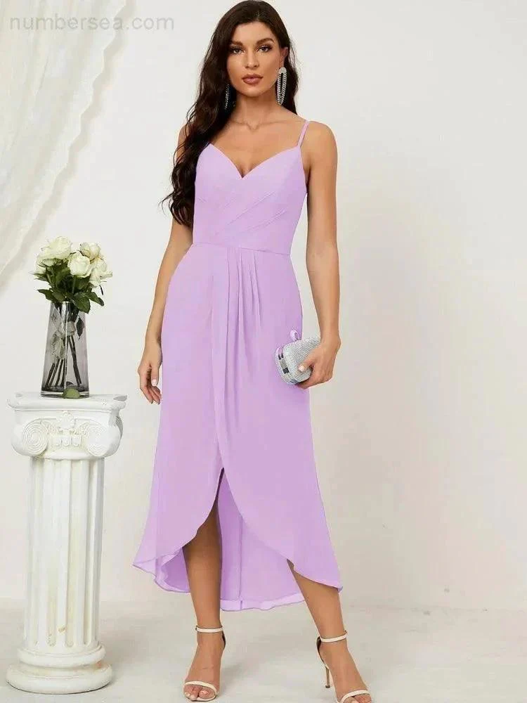 Numbersea Spaghetti Chiffon V Neck Bridesmaid Dress Mid-Length Slit Formal Prom Dress Homecoming Dress 2803 - Image 99