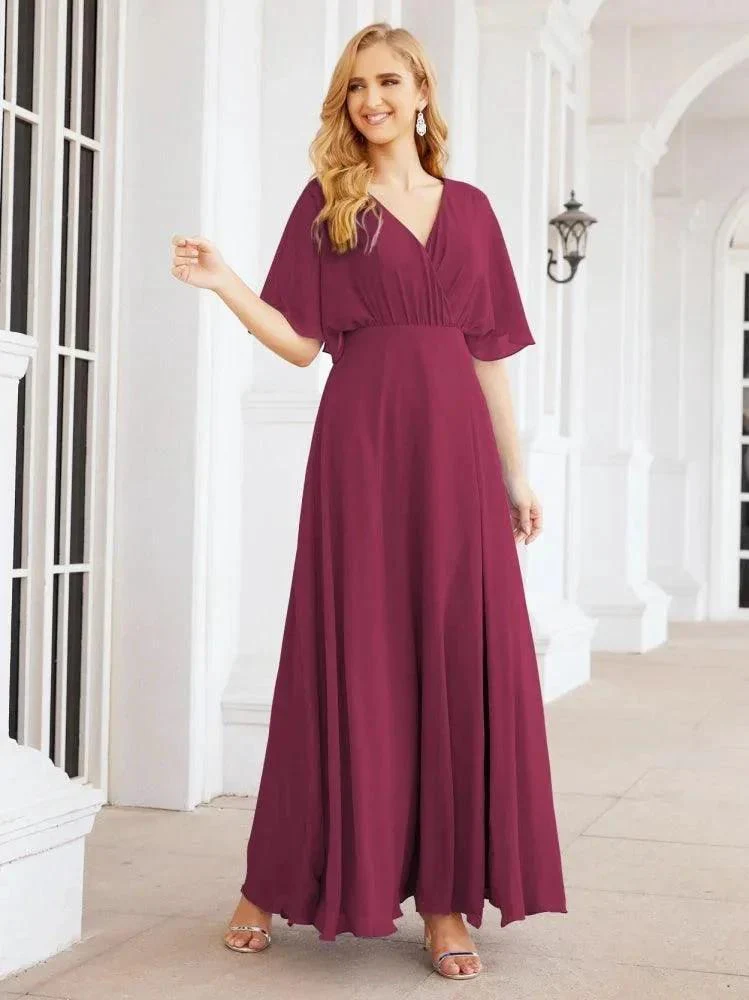 Numbersea V-Neck Bridesmaid Dress Chiffon Long Open Back Formal Dresses for Women Party Evening 28067 - Image 100