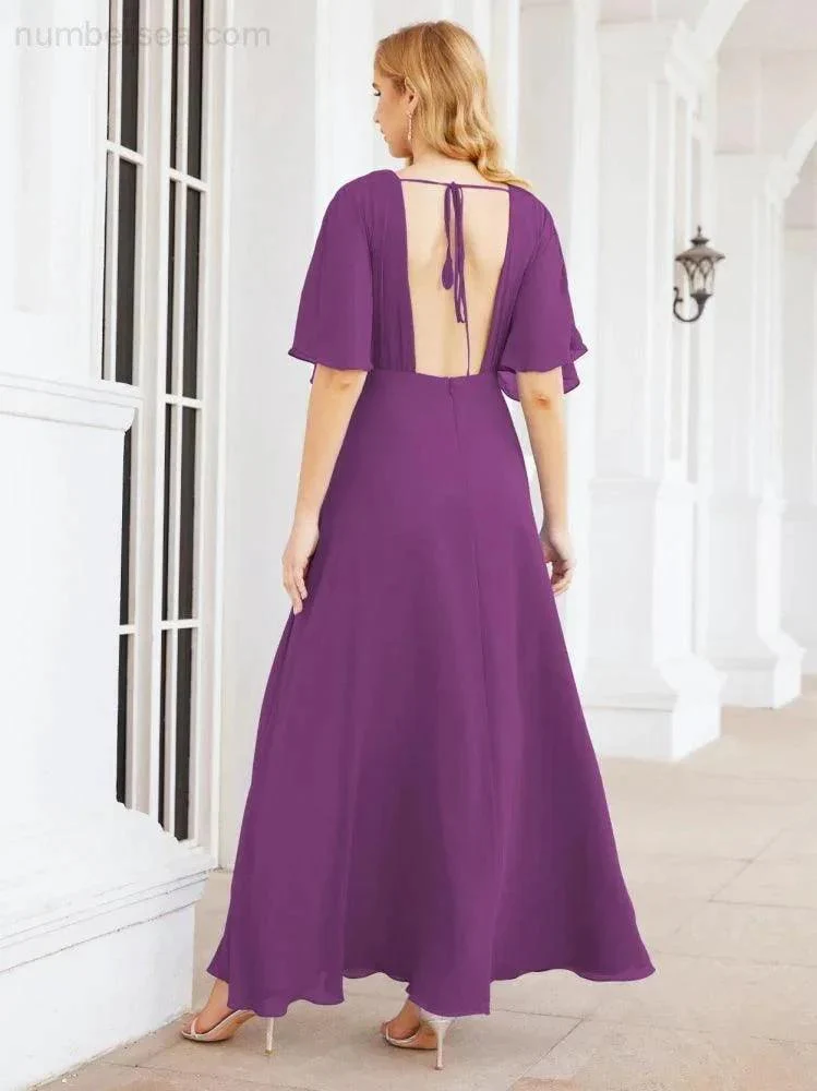 Numbersea V-Neck Bridesmaid Dress Chiffon Long Open Back Formal Dresses for Women Party Evening 28067 - Image 107