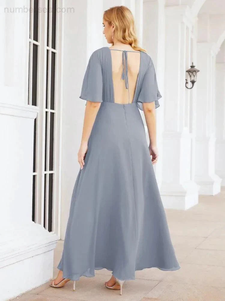 Numbersea V-Neck Bridesmaid Dress Chiffon Long Open Back Formal Dresses for Women Party Evening 28067 - Image 11