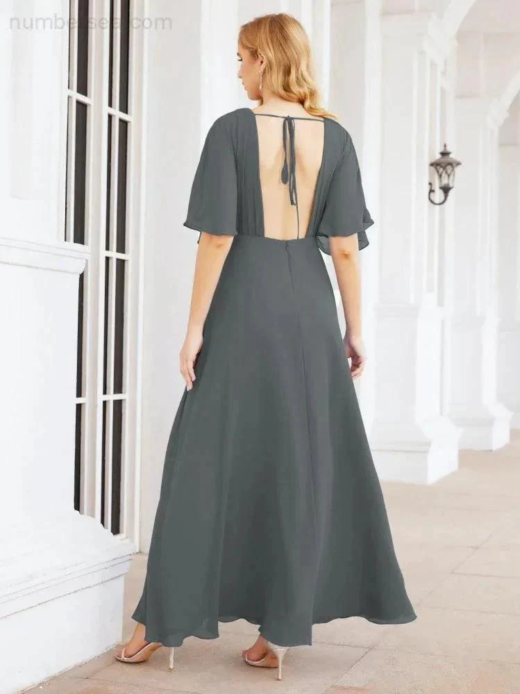 Numbersea V-Neck Bridesmaid Dress Chiffon Long Open Back Formal Dresses for Women Party Evening 28067 - Image 113