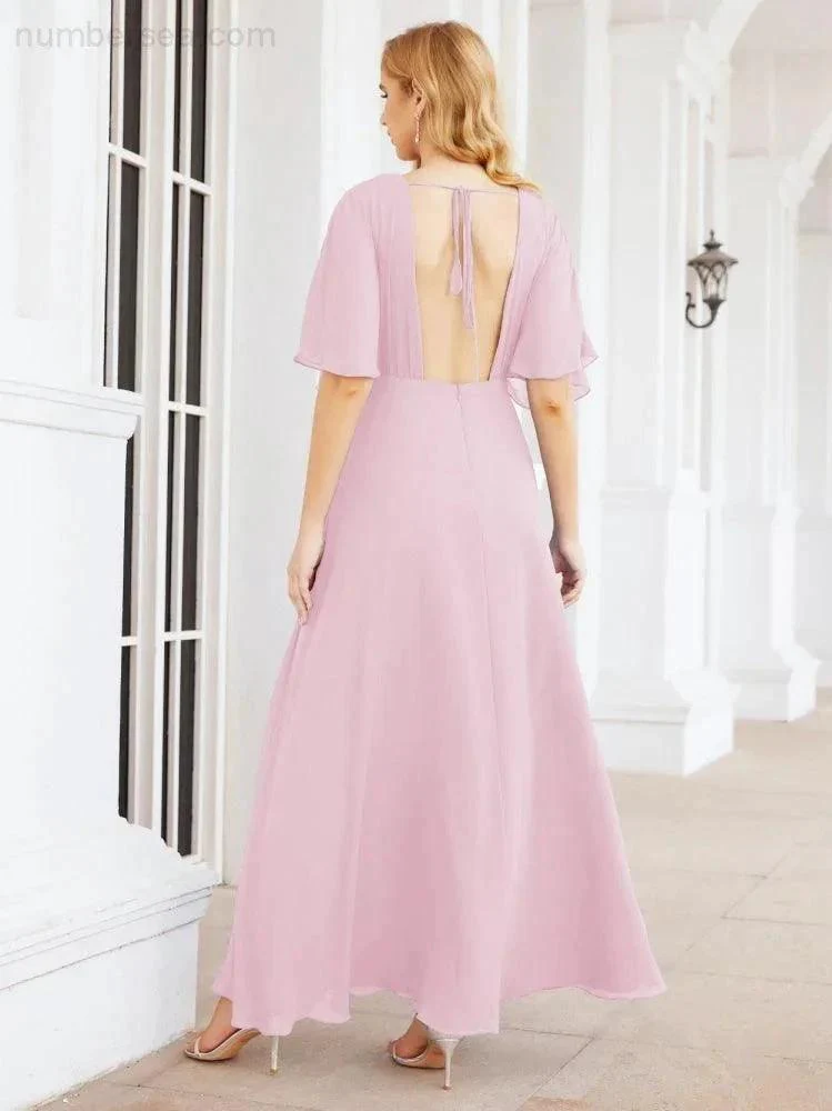 Numbersea V-Neck Bridesmaid Dress Chiffon Long Open Back Formal Dresses for Women Party Evening 28067 - Image 116