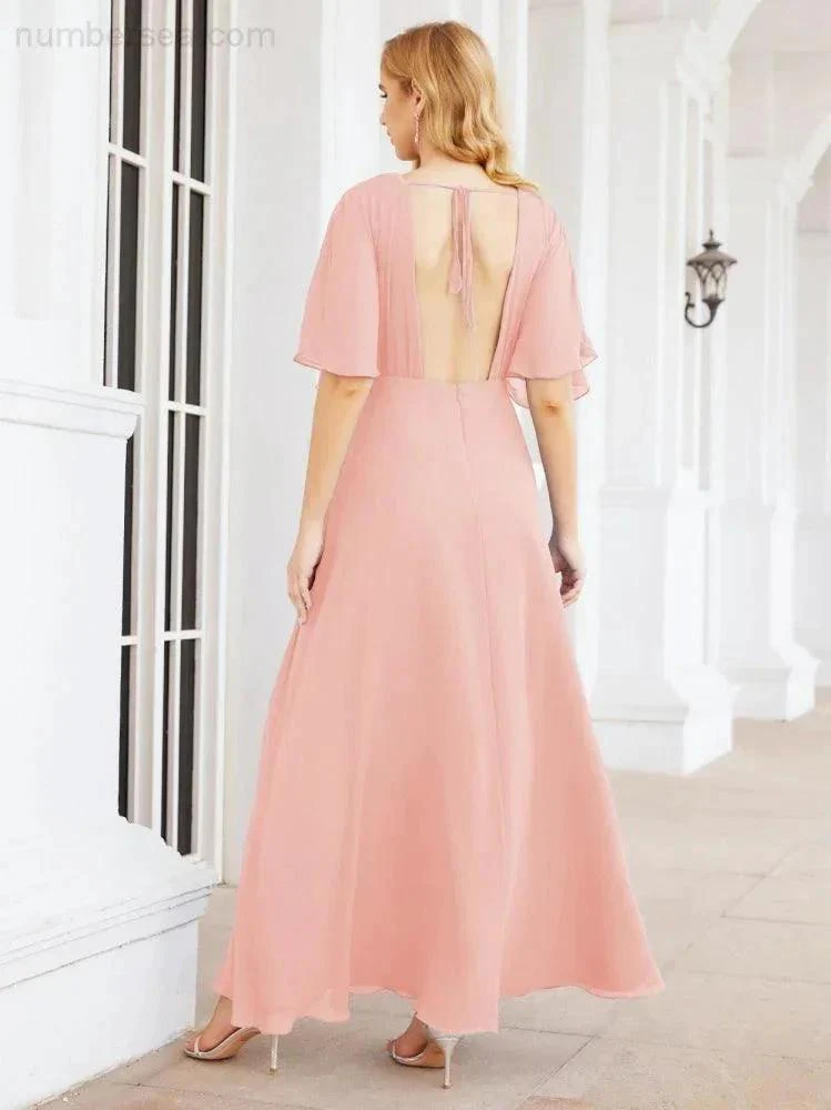 Numbersea V-Neck Bridesmaid Dress Chiffon Long Open Back Formal Dresses for Women Party Evening 28067 - Image 119