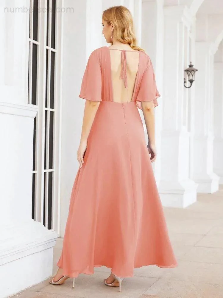 Numbersea V-Neck Bridesmaid Dress Chiffon Long Open Back Formal Dresses for Women Party Evening 28067 - Image 17