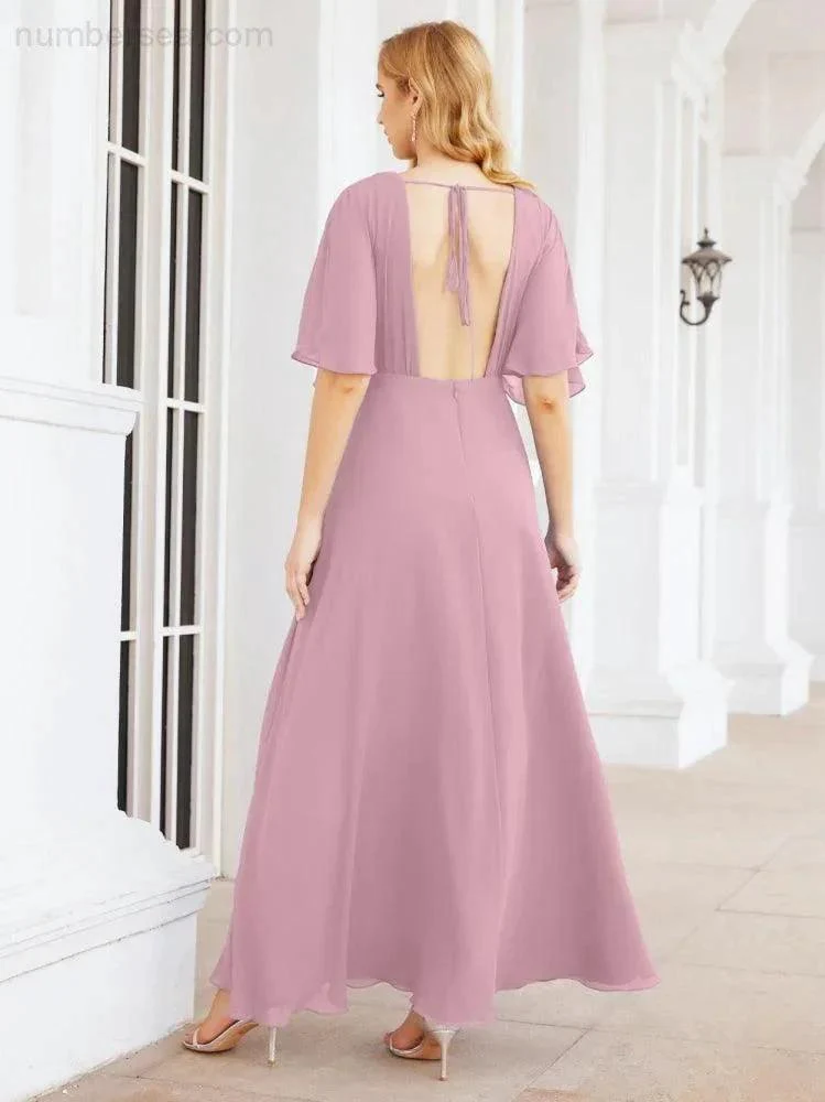Numbersea V-Neck Bridesmaid Dress Chiffon Long Open Back Formal Dresses for Women Party Evening 28067 - Image 2