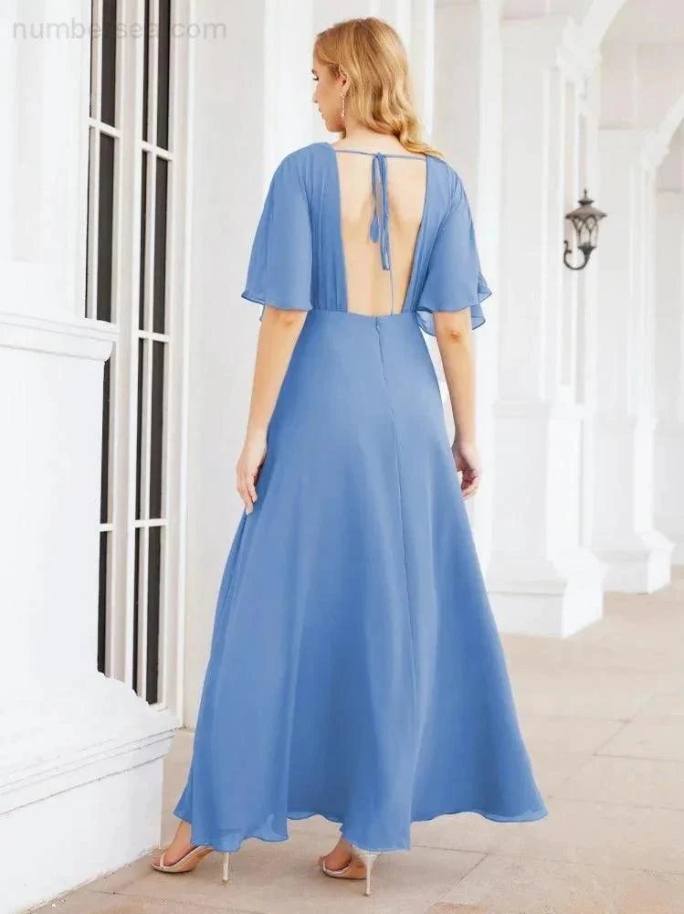 Numbersea V-Neck Bridesmaid Dress Chiffon Long Open Back Formal Dresses for Women Party Evening 28067 - Image 29