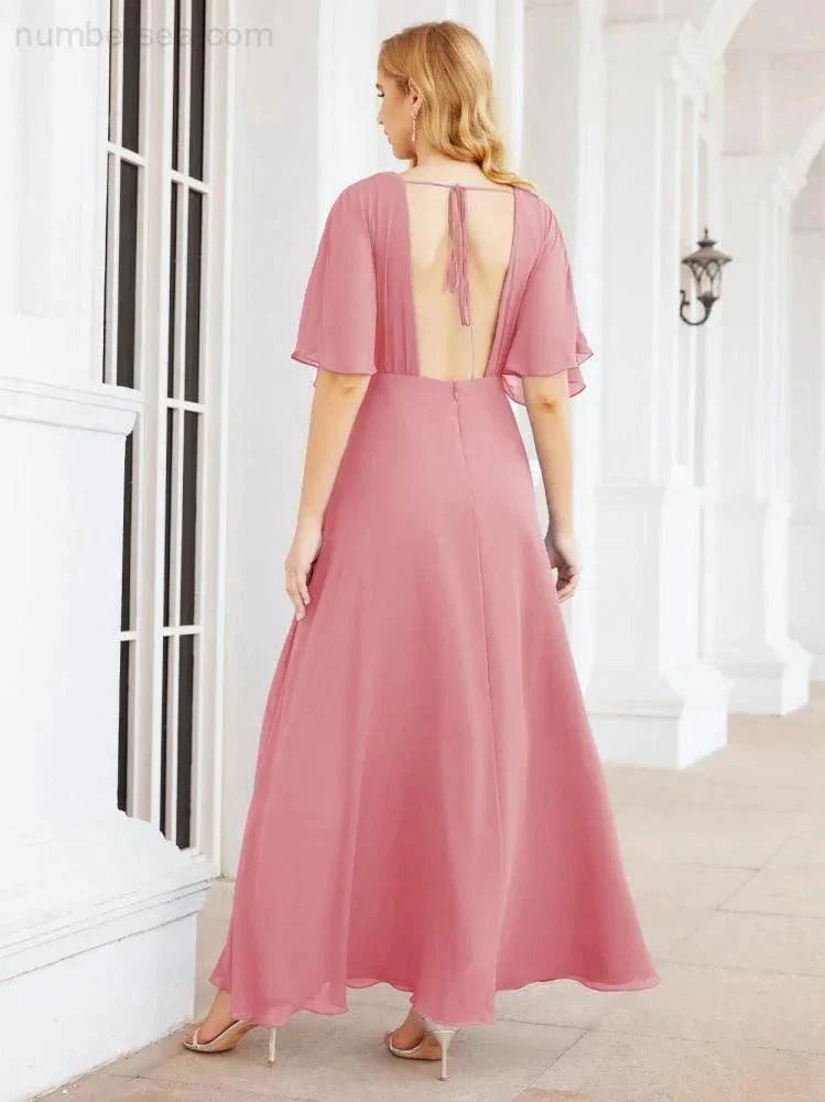Numbersea V-Neck Bridesmaid Dress Chiffon Long Open Back Formal Dresses for Women Party Evening 28067 - Image 32