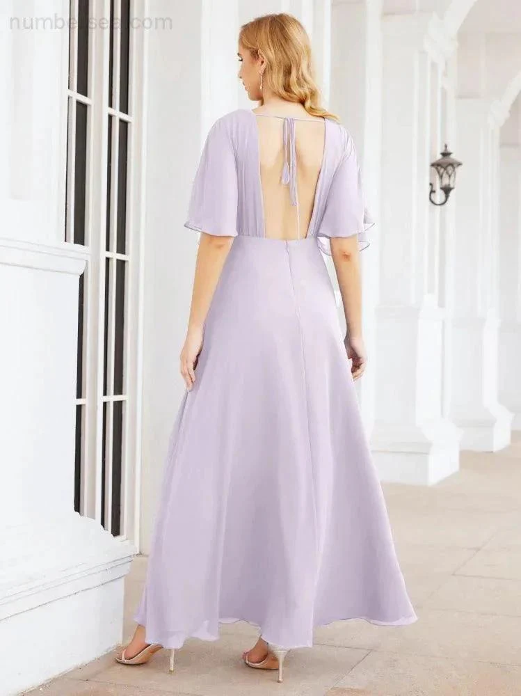 Numbersea V-Neck Bridesmaid Dress Chiffon Long Open Back Formal Dresses for Women Party Evening 28067 - Image 41