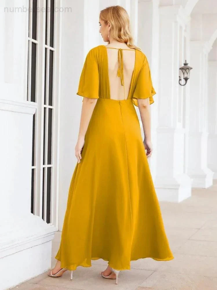 Numbersea V-Neck Bridesmaid Dress Chiffon Long Open Back Formal Dresses for Women Party Evening 28067 - Image 5
