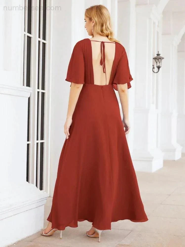 Numbersea V-Neck Bridesmaid Dress Chiffon Long Open Back Formal Dresses for Women Party Evening 28067 - Image 56