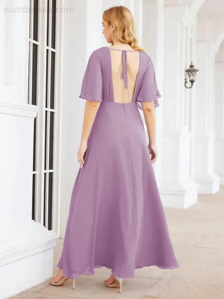 Numbersea V-Neck Bridesmaid Dress Chiffon Long Open Back Formal Dresses for Women Party Evening 28067 - Image 62