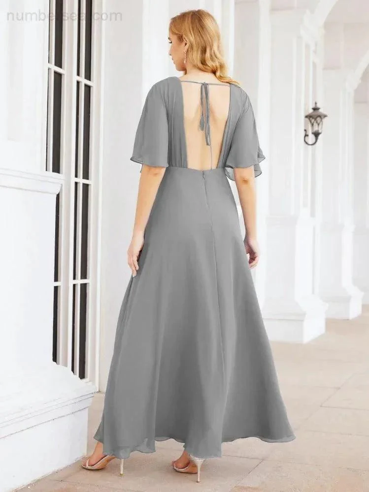 Numbersea V-Neck Bridesmaid Dress Chiffon Long Open Back Formal Dresses for Women Party Evening 28067 - Image 74