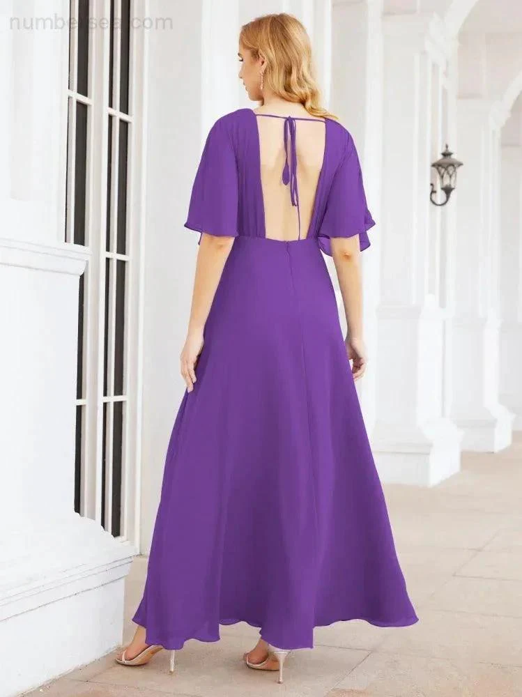 Numbersea V-Neck Bridesmaid Dress Chiffon Long Open Back Formal Dresses for Women Party Evening 28067 - Image 83