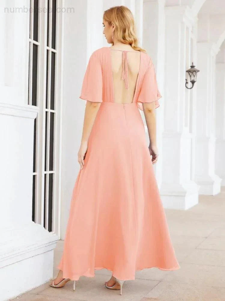 Numbersea V-Neck Bridesmaid Dress Chiffon Long Open Back Formal Dresses for Women Party Evening 28067 - Image 86
