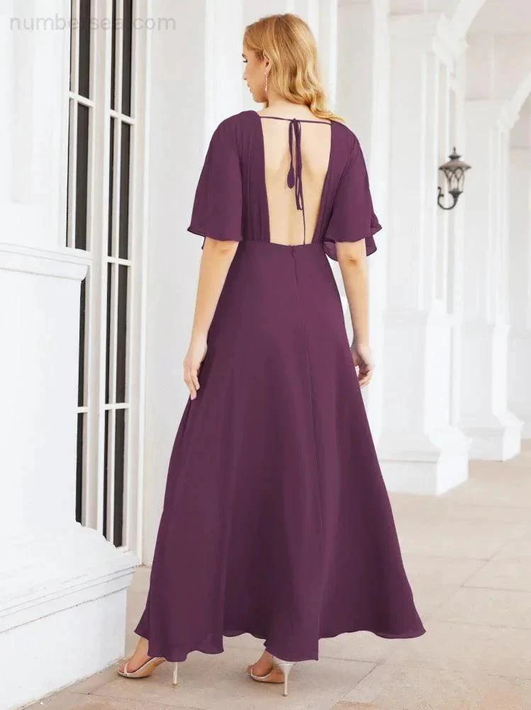 Numbersea V-Neck Bridesmaid Dress Chiffon Long Open Back Formal Dresses for Women Party Evening 28067 - Image 92