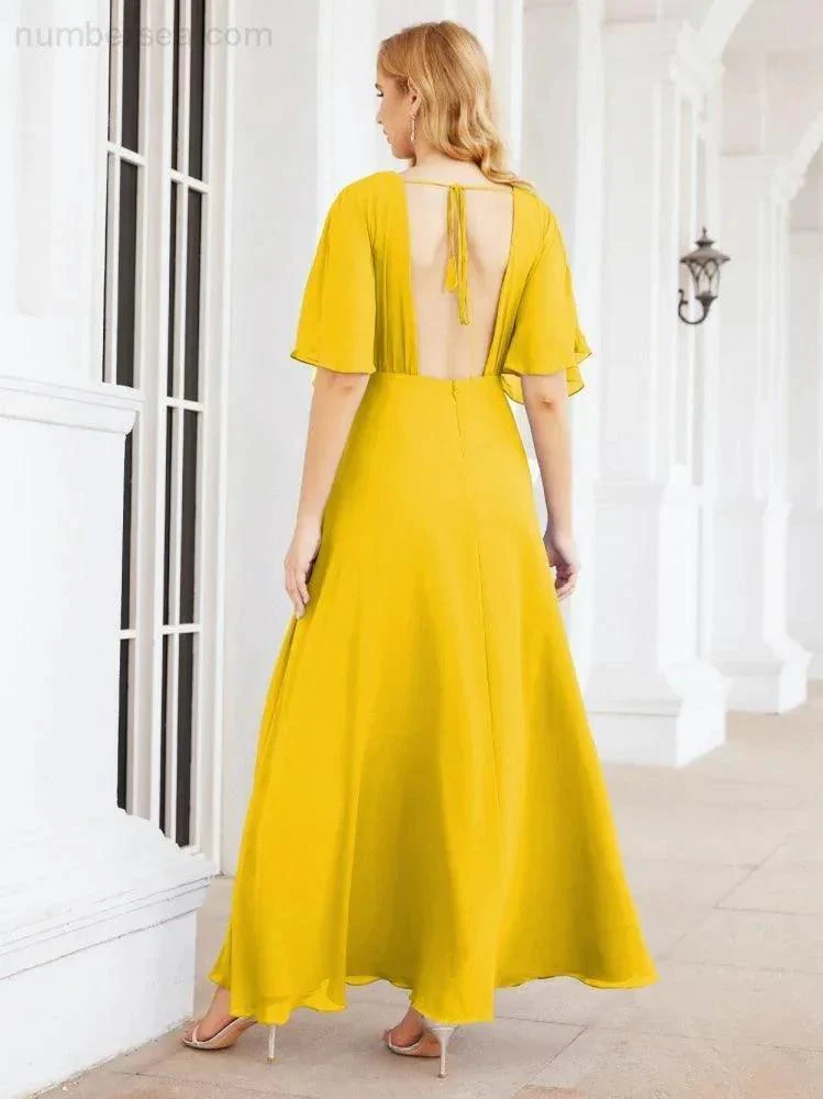 Numbersea V-Neck Bridesmaid Dress Chiffon Long Open Back Formal Dresses for Women Party Evening 28067 - Image 98