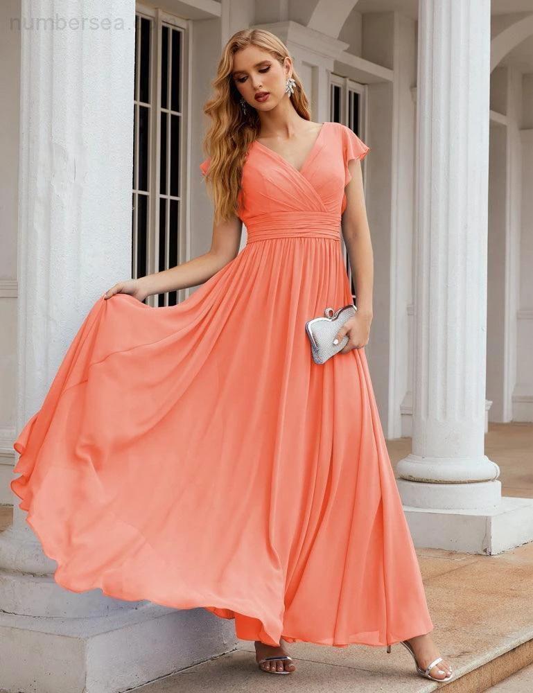 Numbersea V-Neck Bridesmaid Dress Floor Length Backless Formal Evening Dress 28024 - Image 114