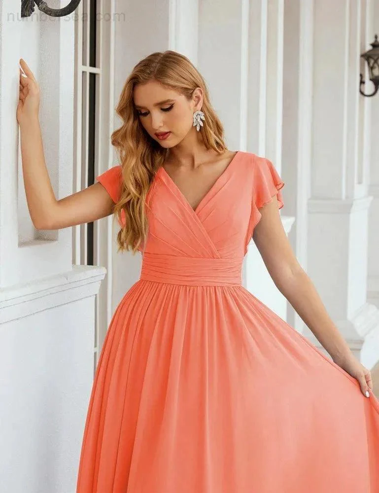 Numbersea V-Neck Bridesmaid Dress Floor Length Backless Formal Evening Dress 28024 - Image 115