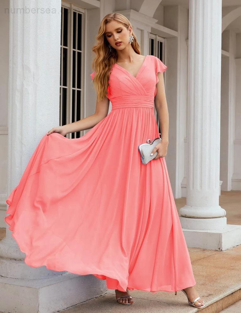 Numbersea V-Neck Bridesmaid Dress Floor Length Backless Formal Evening Dress 28024 - Image 118