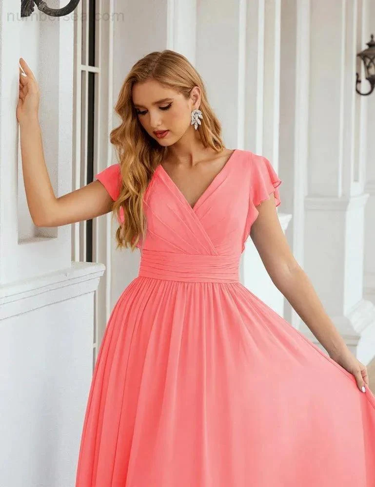 Numbersea V-Neck Bridesmaid Dress Floor Length Backless Formal Evening Dress 28024 - Image 119