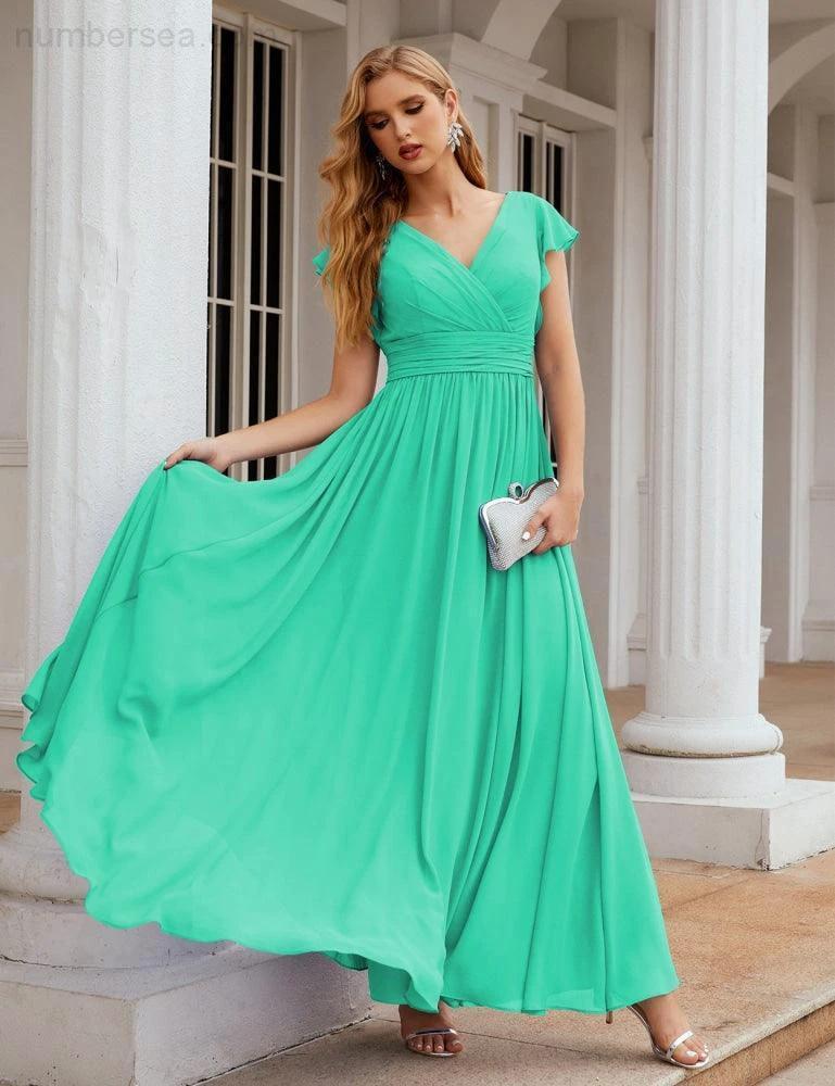 Numbersea V-Neck Bridesmaid Dress Floor Length Backless Formal Evening Dress 28024 - Image 125