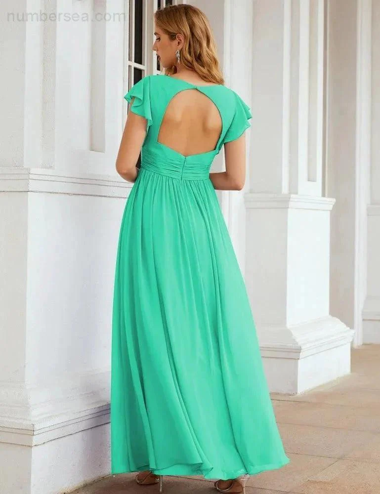 Numbersea V-Neck Bridesmaid Dress Floor Length Backless Formal Evening Dress 28024 - Image 127
