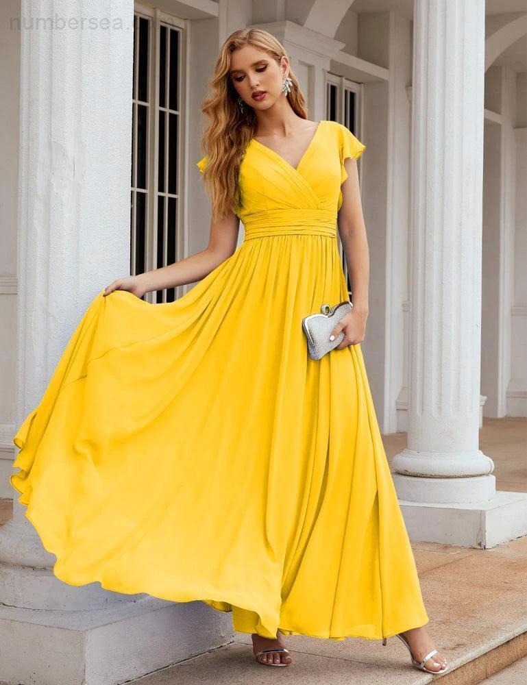 Numbersea V-Neck Bridesmaid Dress Floor Length Backless Formal Evening Dress 28024 - Image 129