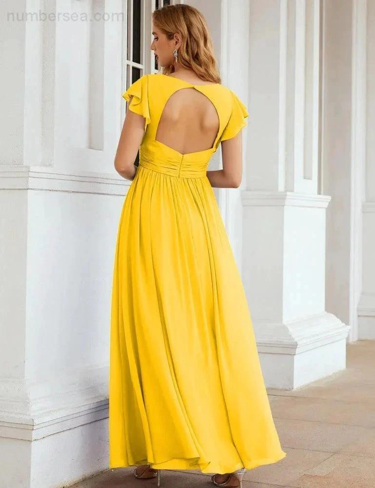 Numbersea V-Neck Bridesmaid Dress Floor Length Backless Formal Evening Dress 28024 - Image 131