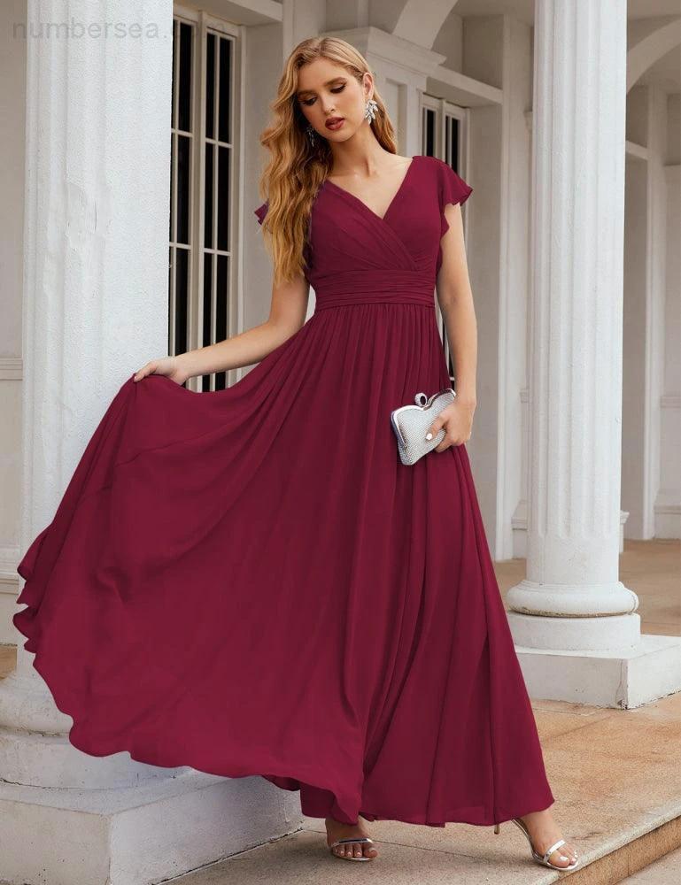 Numbersea V-Neck Bridesmaid Dress Floor Length Backless Formal Evening Dress 28024 - Image 133