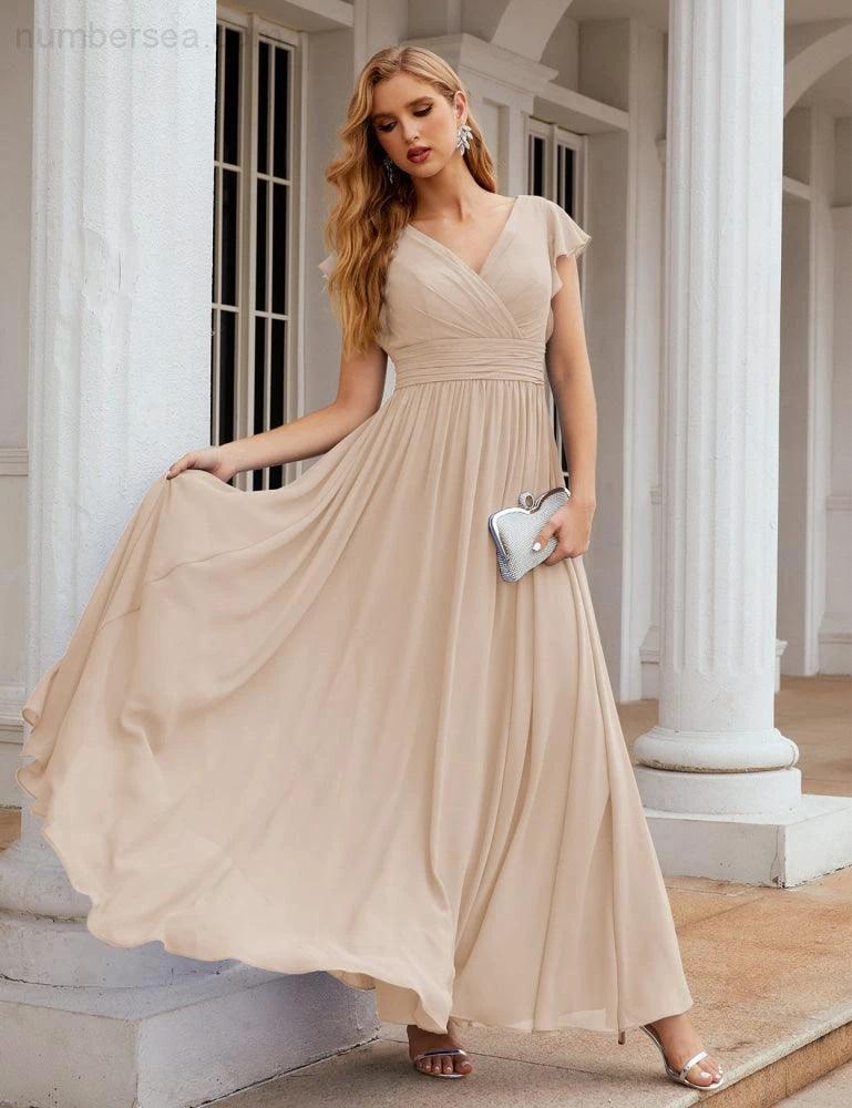 Numbersea V-Neck Bridesmaid Dress Floor Length Backless Formal Evening Dress 28024 - Image 137