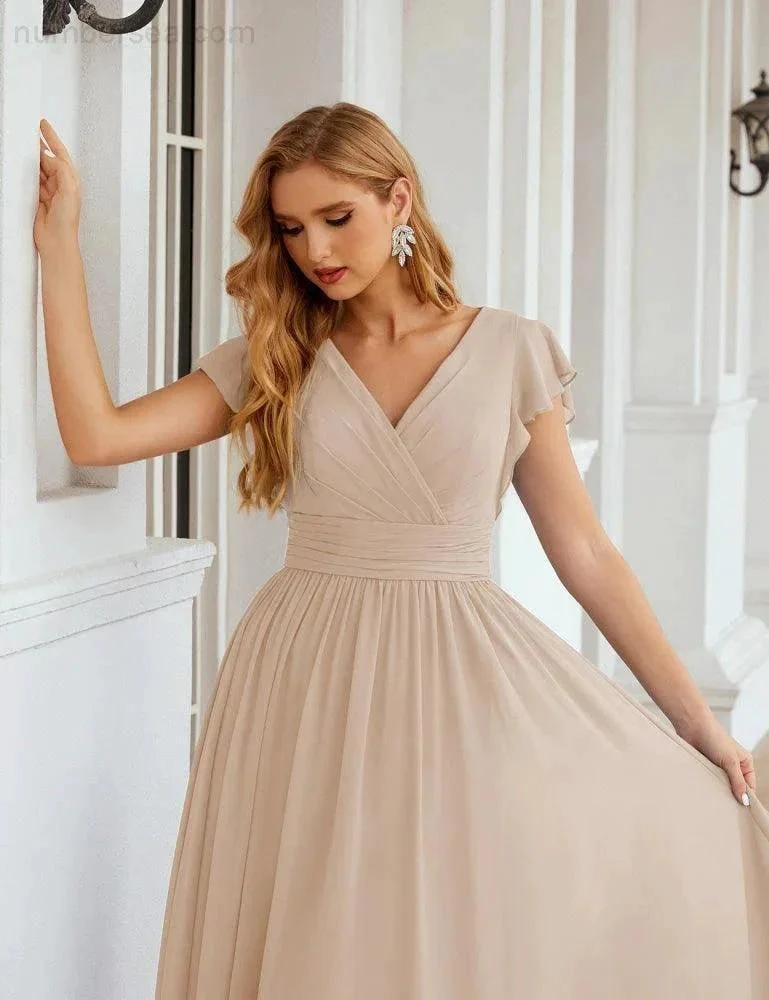 Numbersea V-Neck Bridesmaid Dress Floor Length Backless Formal Evening Dress 28024 - Image 138