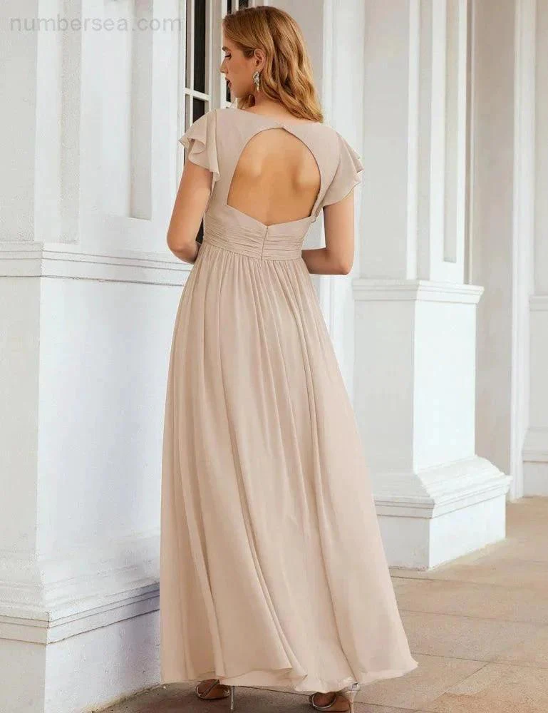 Numbersea V-Neck Bridesmaid Dress Floor Length Backless Formal Evening Dress 28024 - Image 139
