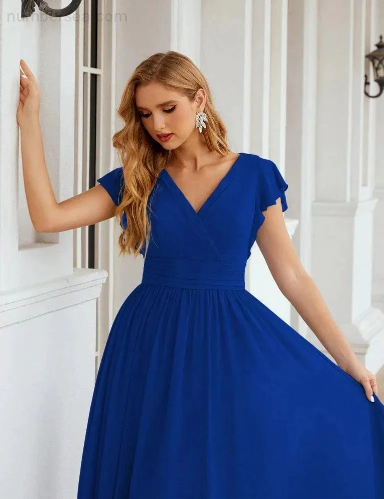 Numbersea V-Neck Bridesmaid Dress Floor Length Backless Formal Evening Dress 28024 - Image 146