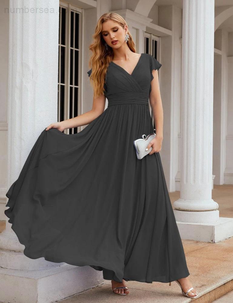 Numbersea V-Neck Bridesmaid Dress Floor Length Backless Formal Evening Dress 28024 - Image 149