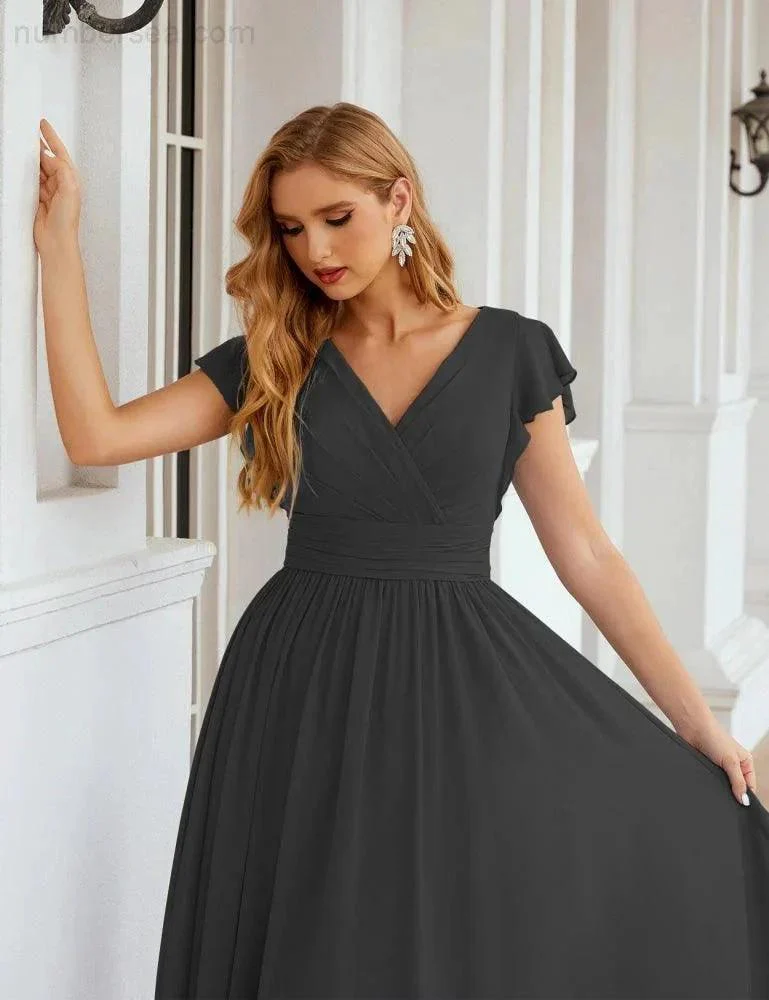 Numbersea V-Neck Bridesmaid Dress Floor Length Backless Formal Evening Dress 28024 - Image 150