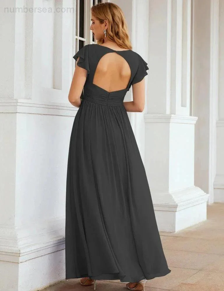 Numbersea V-Neck Bridesmaid Dress Floor Length Backless Formal Evening Dress 28024 - Image 151