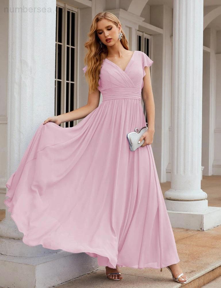 Numbersea V-Neck Bridesmaid Dress Floor Length Backless Formal Evening Dress 28024 - Image 153
