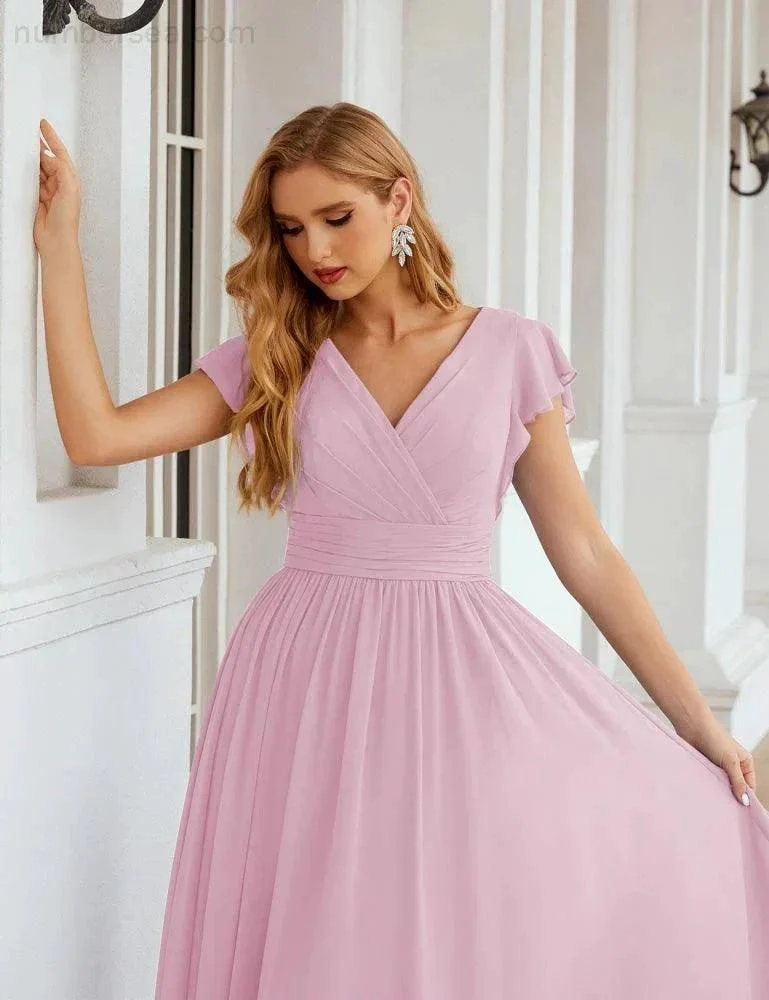 Numbersea V-Neck Bridesmaid Dress Floor Length Backless Formal Evening Dress 28024 - Image 154