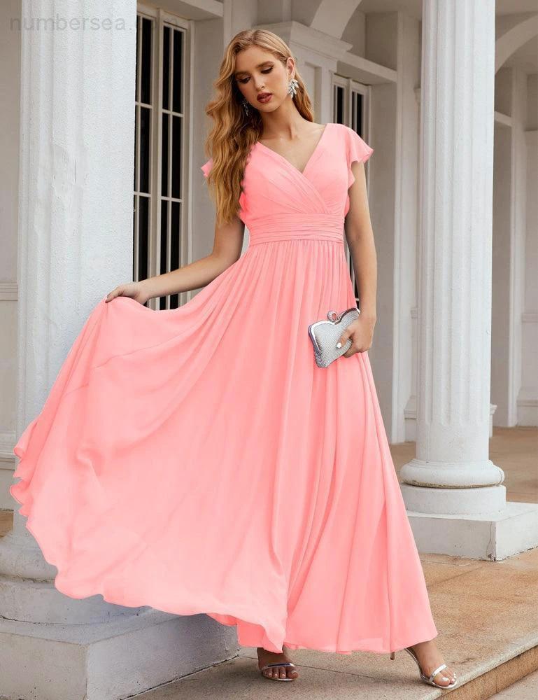 Numbersea V-Neck Bridesmaid Dress Floor Length Backless Formal Evening Dress 28024 - Image 157